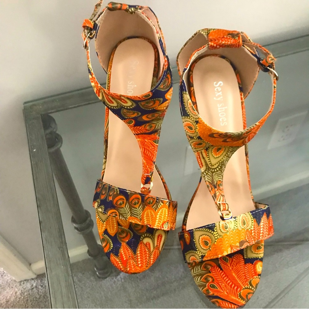 Orange & Navy Peacock T-Strap Heels by Sexy Shoes. Size 10